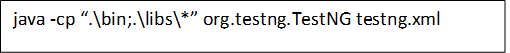 Text Box: java -cp “.\bin;.\libs\*” org.testng.TestNG testng.xml